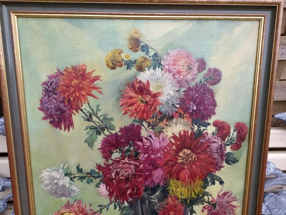 Ancien Tableau Nature Morte aux Dahlias Dcoration
