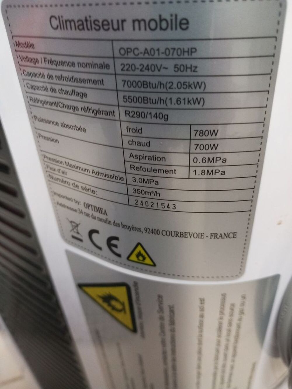 Climatiseur mobile r&eacute;versible Electroménager