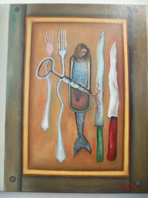 Peinture � l'huile. LABEL SARDINE 210 Roquebrune-Cap-Martin (06)