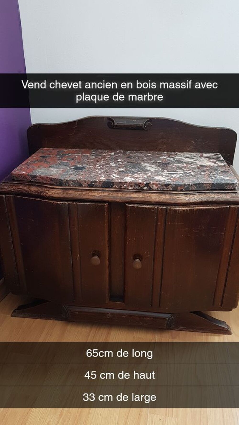 chevet ancien en bois massif avec plaque de marbre Meubles