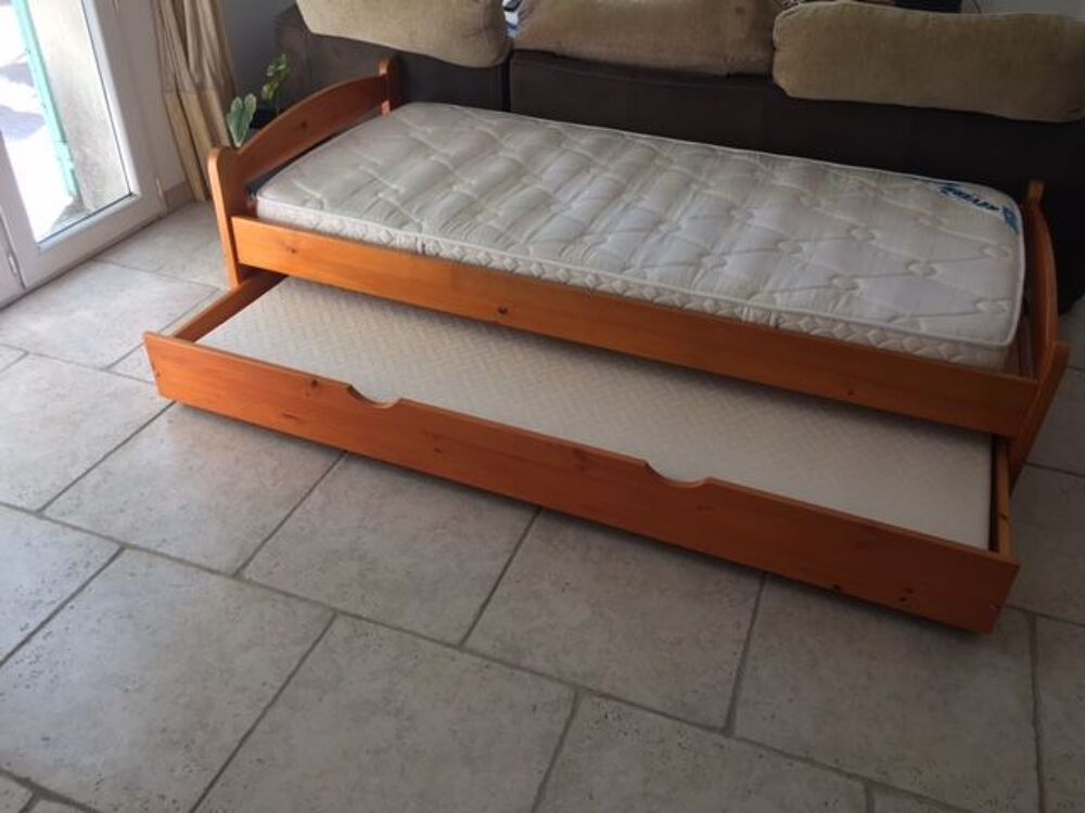 Lit enfant couleur miel 90 avec lit tiroir et deux matelas Meubles