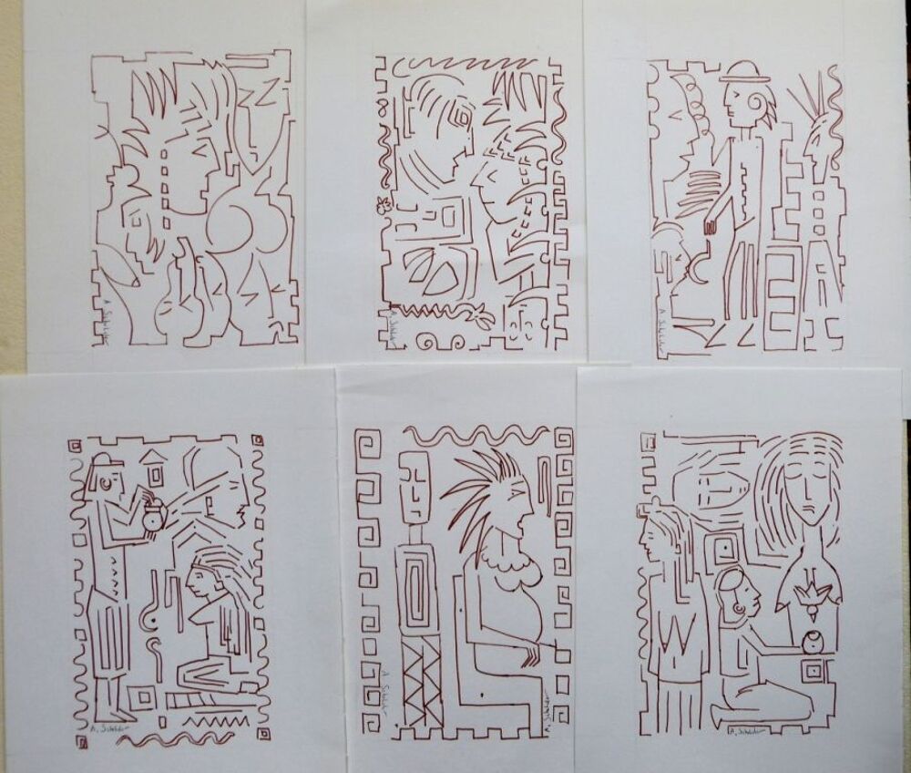 A SCHELDER CUBISME DESSINS FEUTRE lot B de 6 dessins 