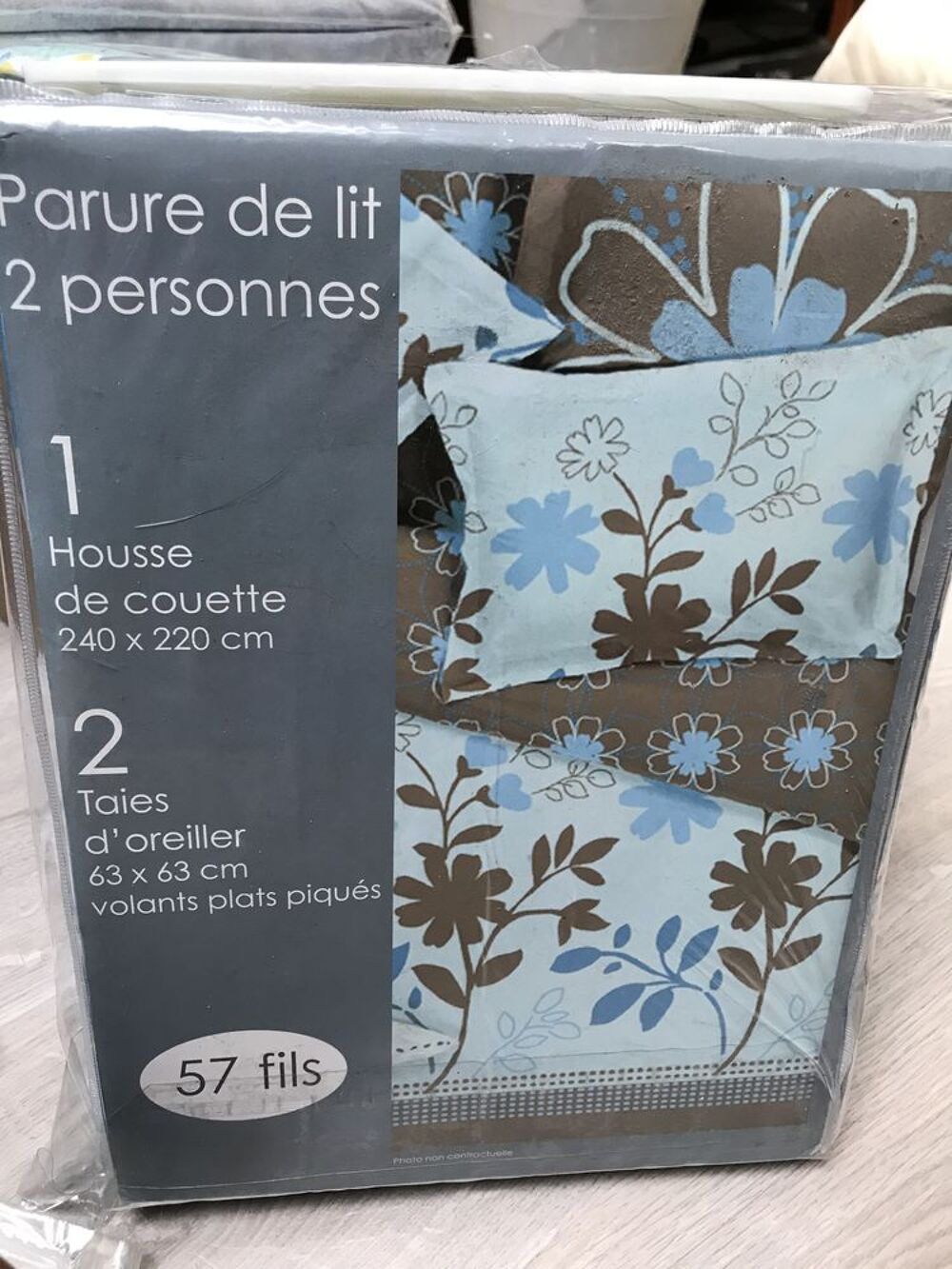 PARURE DE LIT BLEU/MARRON FLEURS 220x240 cm coton Décoration