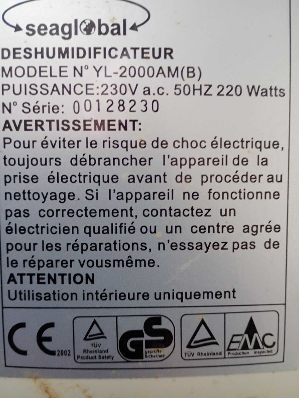 D&eacute;shumidificateur 10 litres en 24h maxi Electroménager