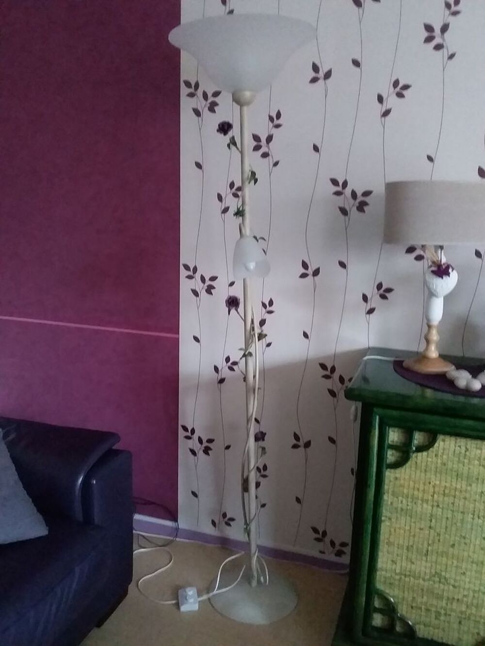 Lampadaire 2 L M&eacute;tal Fleurs Vintage Ivoire Décoration