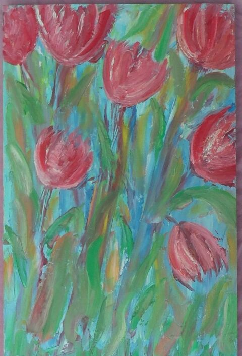 Peinture sur bois tulipes  33,5 cm x 21 cm 20 Castries (34)