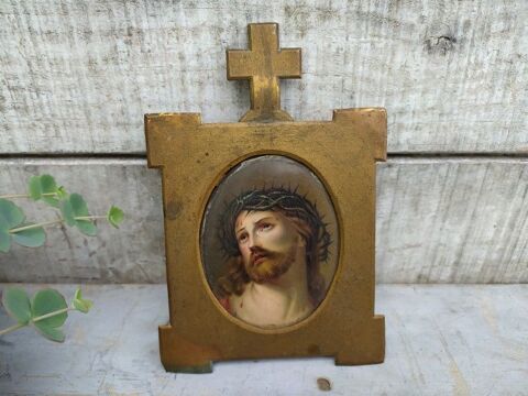 Ic�ne Religieuse Christ Peint sur Porcelaine Cadre Laiton 
1 Loches (37)
