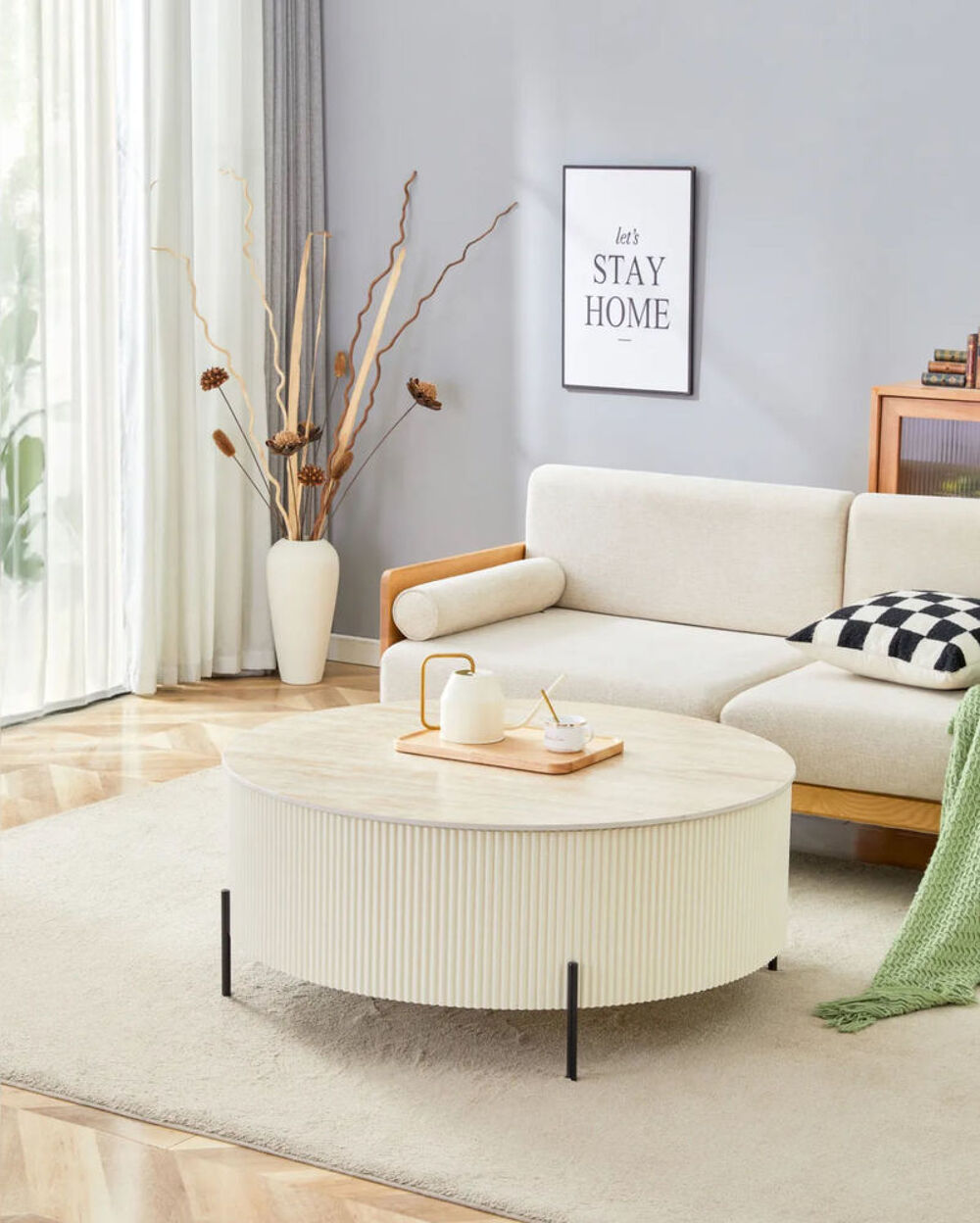 Table basse ronde €" Effet travertin mat et pied nervur&eacute; beige Meubles