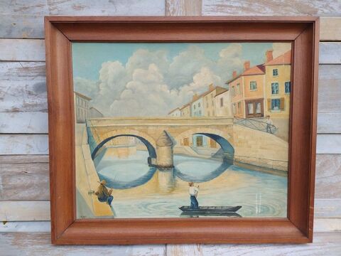 Tableau Ville � Situer Pont et P�cheurs Sign� M. DAVID 1933 120 Loches (37)