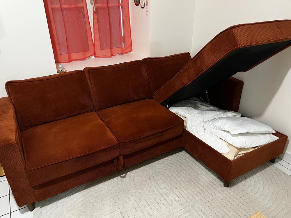 Canap&eacute; d'angle convertible en velours c&ocirc;tel&eacute; terracotta Meubles