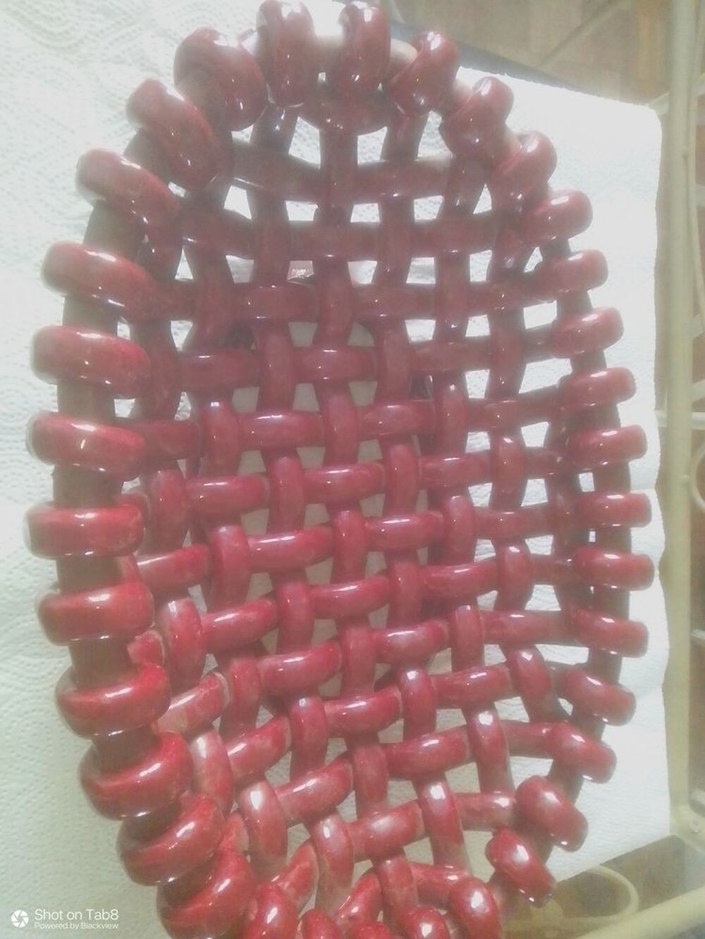 Corbeille &agrave; fruits ancien ceramique tress&eacute;e rouge bordeaux 