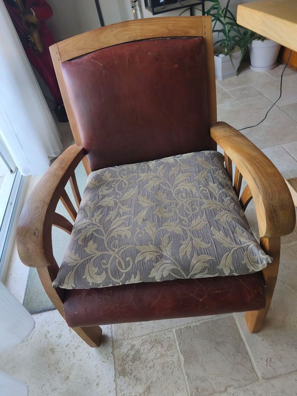 Fauteuil exotique teck et cuir brun Meubles