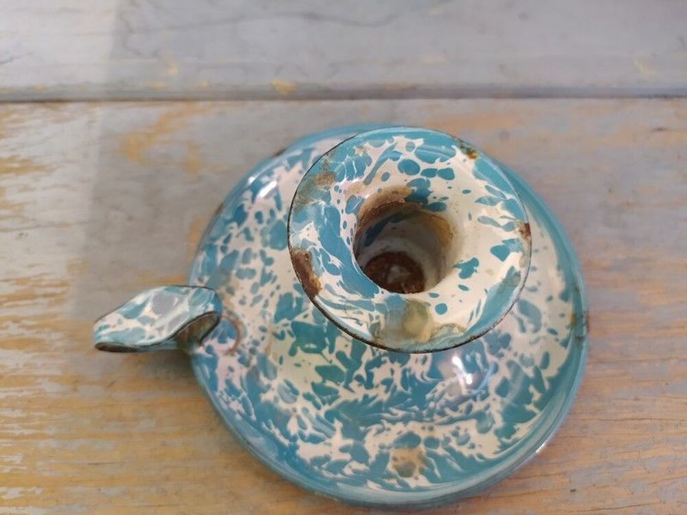 Ancien Bougeoir &agrave; Main T&ocirc;le &Eacute;maill&eacute;e Marbr&eacute;e Décoration