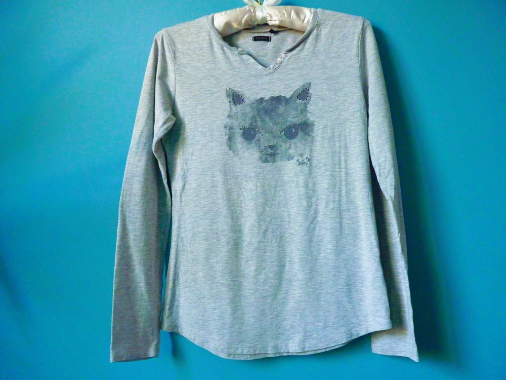 T-shirt Fille IKKS 12 ans collection Chat gris TBE Manches L Vêtements enfants