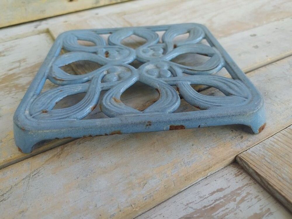 Ancien Dessous de Plat &Eacute;maill&eacute; Gris Bleu D&eacute;cor de Gui 