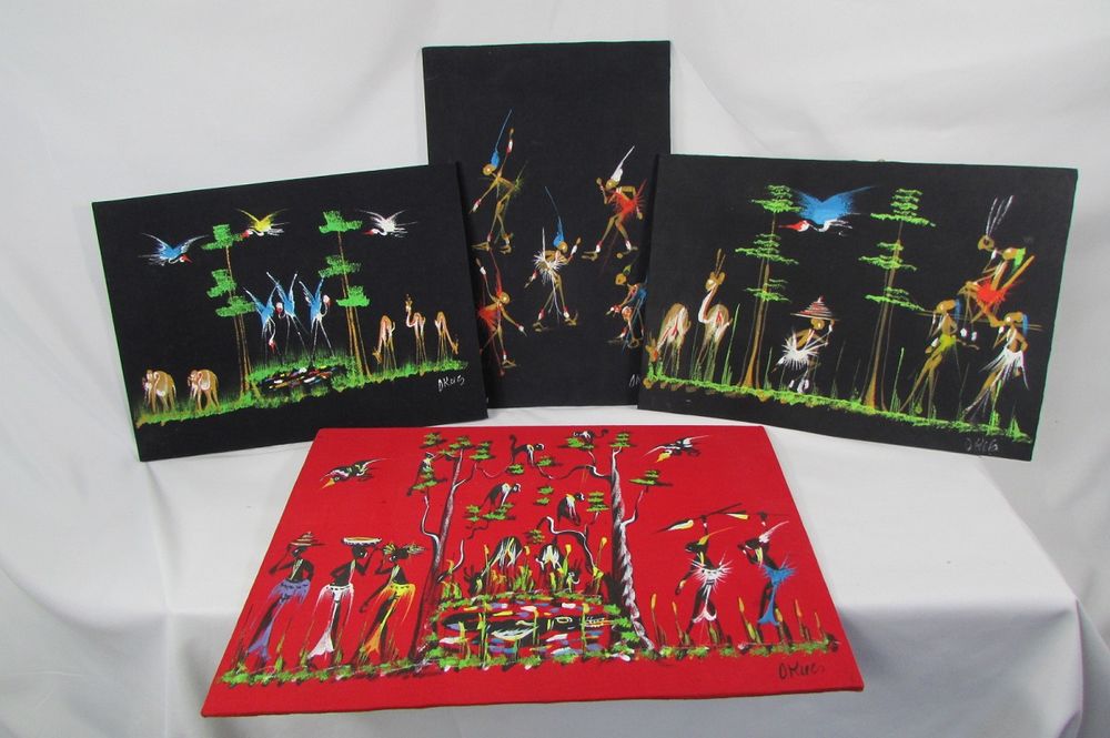 ANCIENNE PEINTURE AFRICAINE ANNEES 1950 / FOND NOIR Décoration