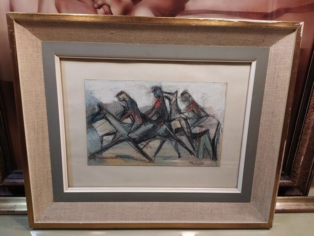 Tableau Dessin Crayon Course de Chevaux Sign&eacute;e N. Verzotti 