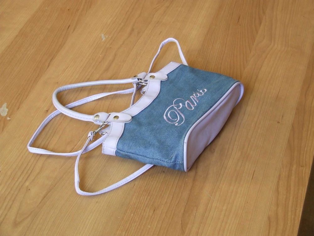 Petit sac &agrave; main bandouli&egrave;re, jeans parme, PARIS, TBE Maroquinerie