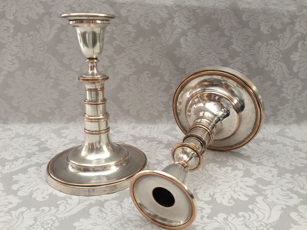 PAIRE DE BOUGEOIRS ATYPIQUES TELESCOPIQUES CUIVRE ARGENT 