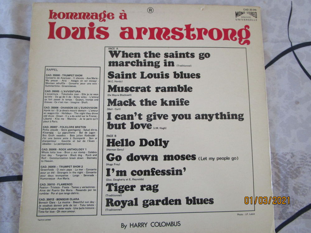 vinyle "hommage &agrave; LOUIS ARMSTRONG" r&eacute;f CAD 35 015 CD et vinyles