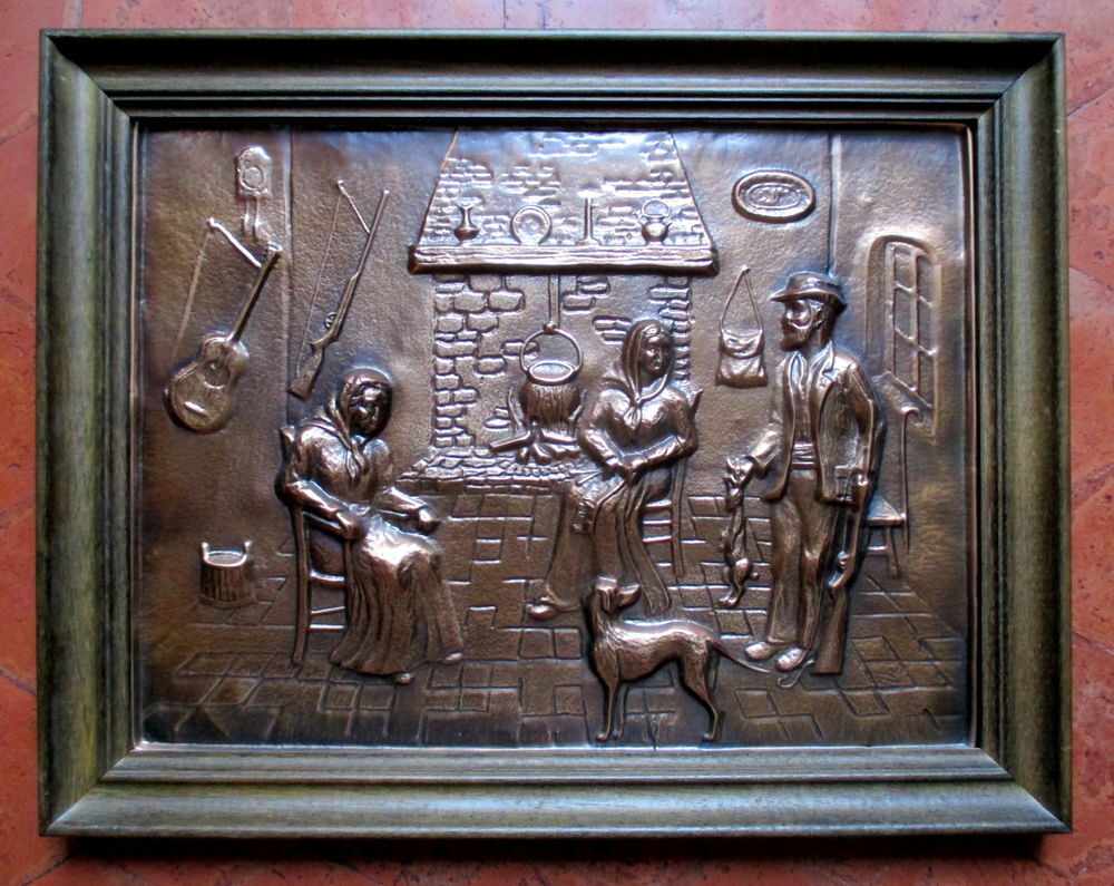 TABLEAU CUIVRE " Le RETOUR du CHASSEUR au FOYER " Décoration