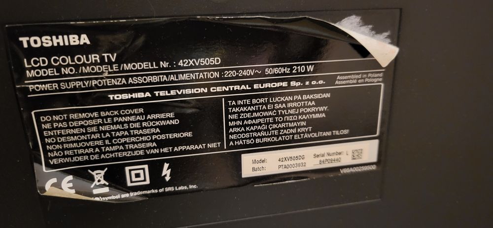 T&eacute;l&eacute;viseur 107cm (42'')Toshiba avec d&eacute;codeur Audio et hifi