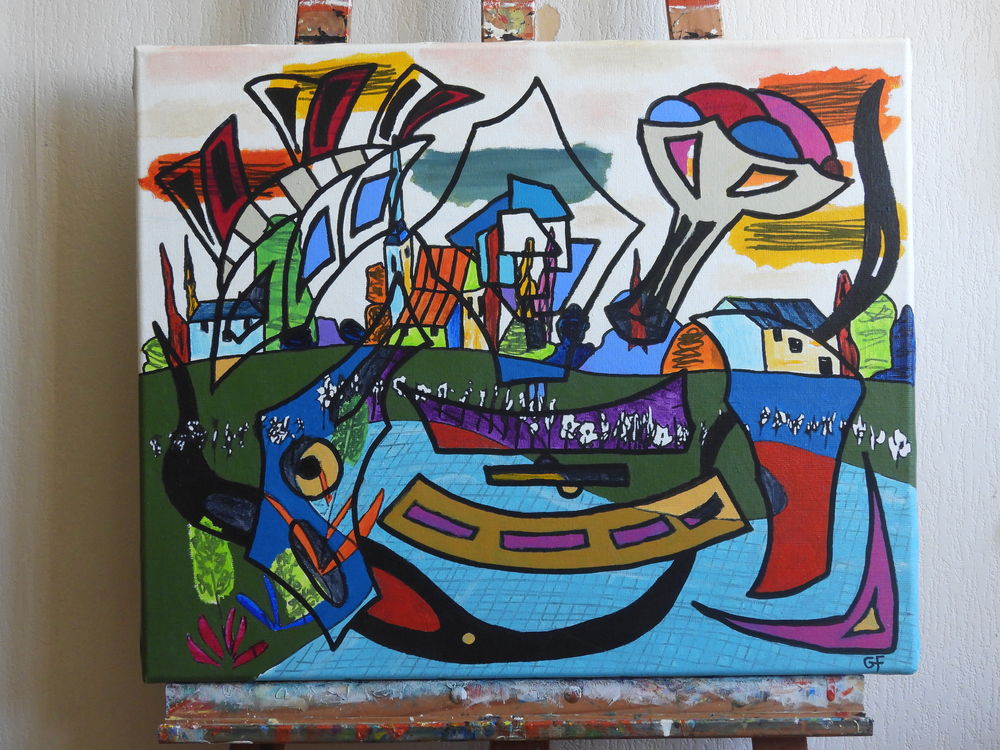 Acrylique sur toile - Le village englouti Décoration