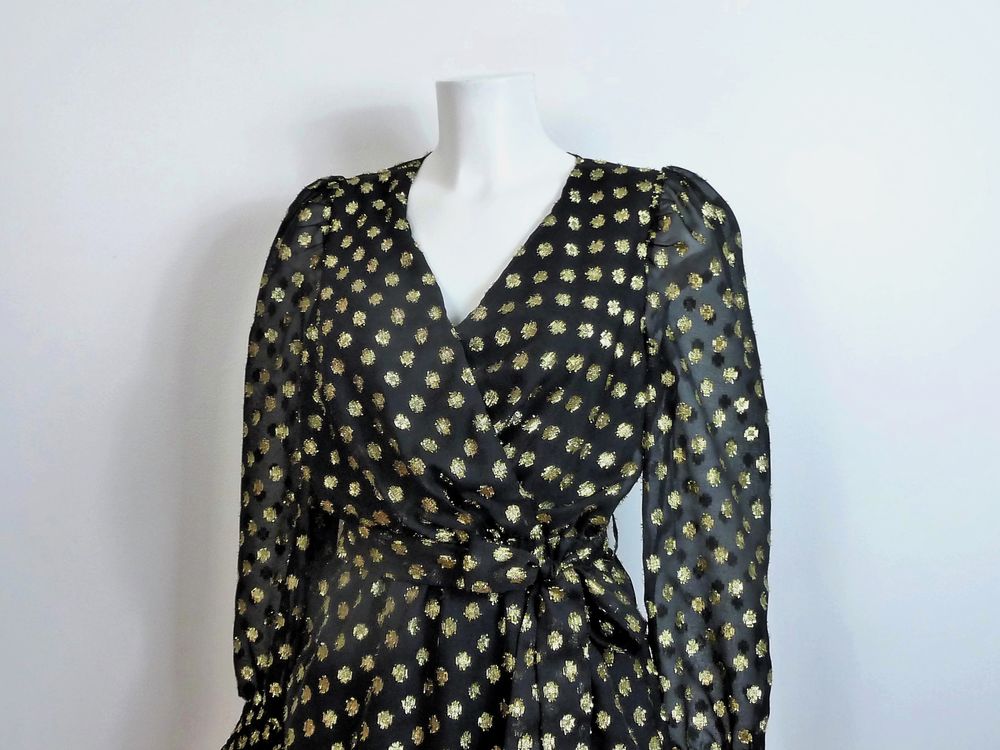 Robe Noir &agrave; Motif Dor&eacute; &agrave; Manches Longues- Taille 36- Naf Naf Vêtements