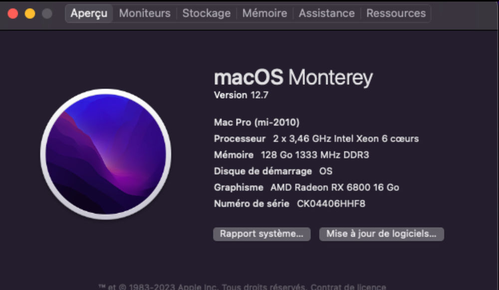mac pro 5.1 2010 12 core 3,46 x 2 / 128 go ram / 1 To / rx6800 Matériel informatique