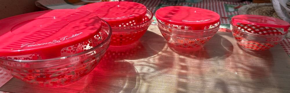 4 Bols en verre transparent illustr&eacute; en rouge neufs Bijoux et montres