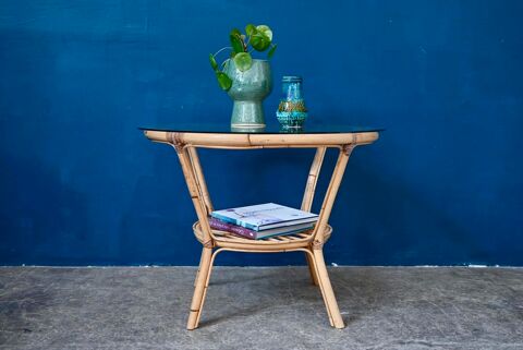 Table basse en verre et rotin ou gu�ridon vintage boh�me 170 Wintzenheim (68)