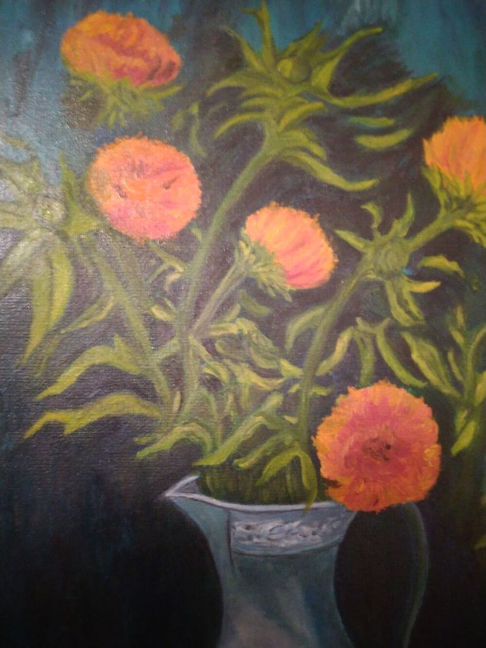 Tableau vase de fleurs sur fond bleu; unique, peint main. Décoration
