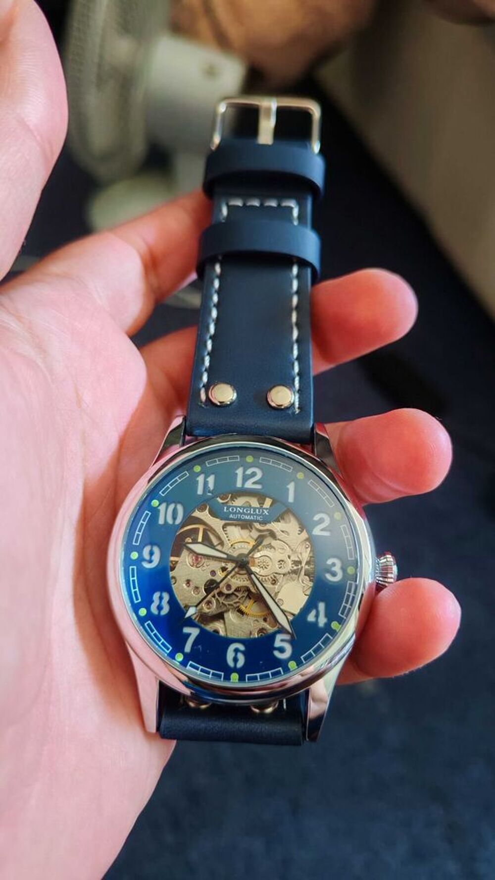 Montre automatique squelette Longlux €" Cadran bleu / Bo&icirc;tier acier &amp; Bracelet aviateur Bijoux et montres
