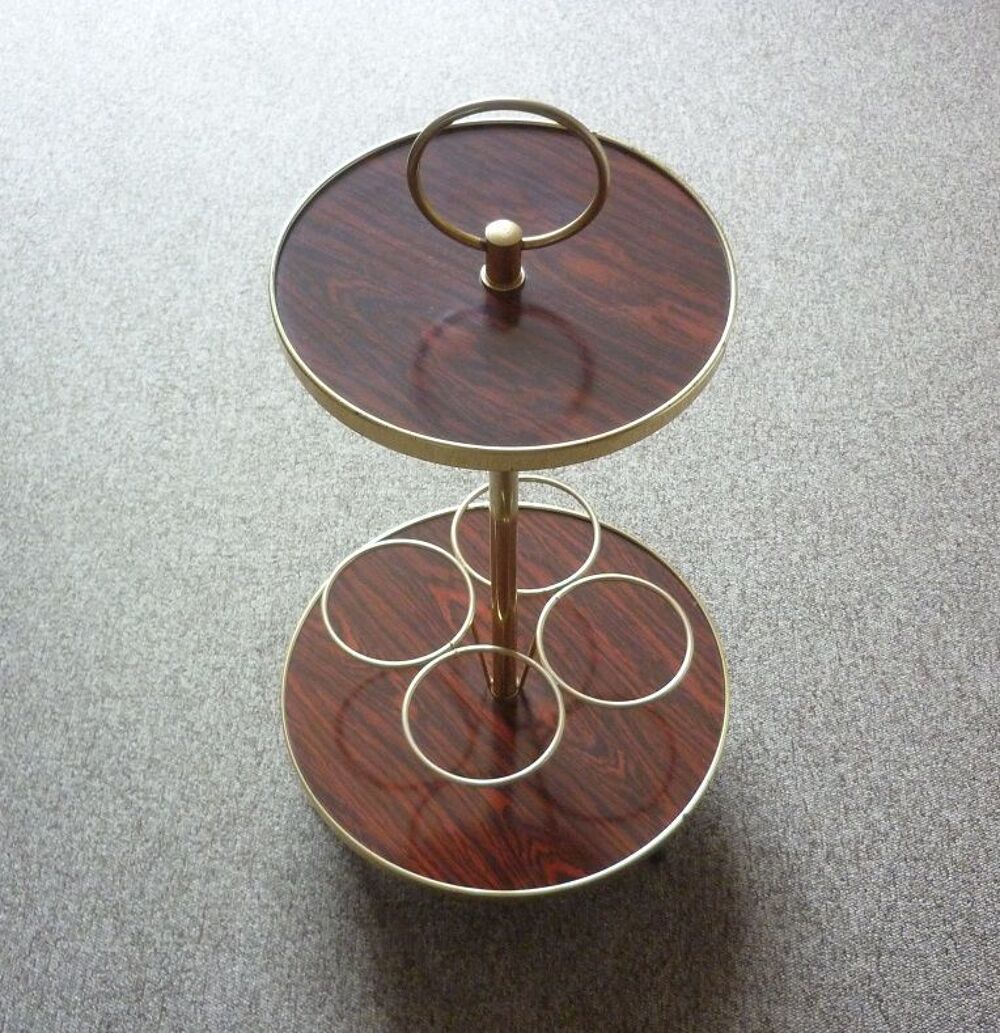 DESSERTE BAR ronde PORTE 4 BOUTEILLES bois plaqu&eacute; et laiton Meubles
