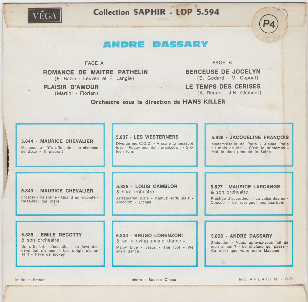 DISQUE VYNIL 45 TOURS DE ANDRE DASSARY/ CD et vinyles