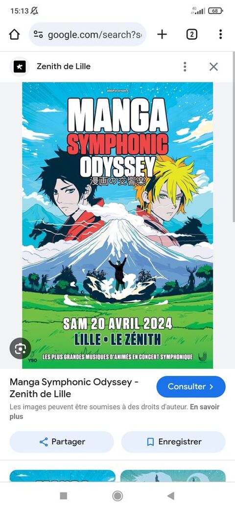 2 Places concert Manga symphonic odyssey Lille  45 Sotteville-ls-Rouen (76)