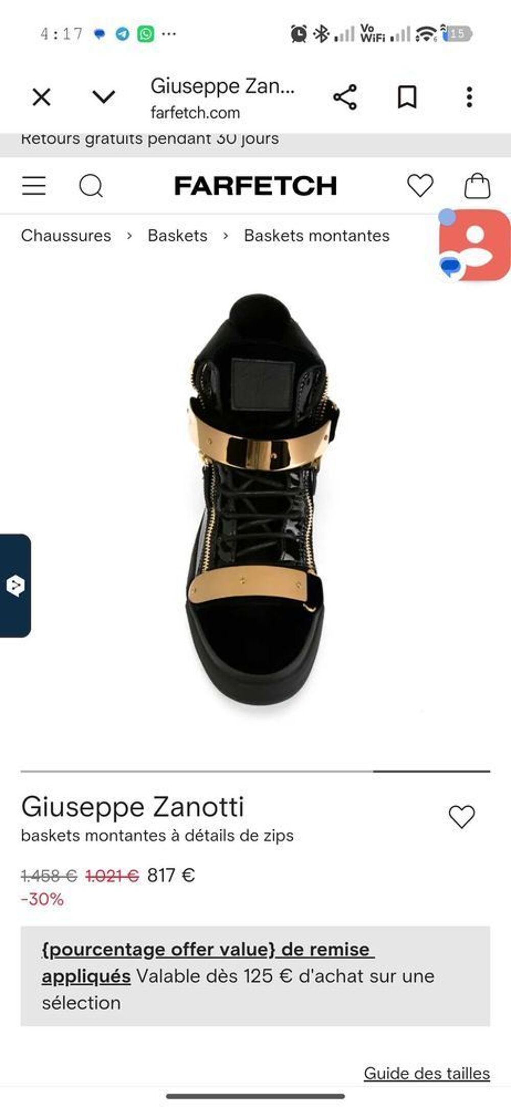 Sneakers Giuseppe Zanotti montante crocodile boucle dor&eacute;e Chaussures