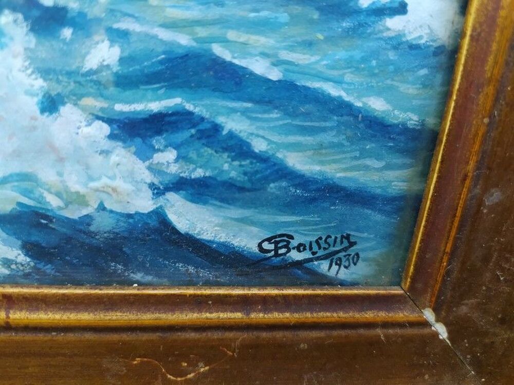 Tableau Marine Aquarelle Gouach&eacute;e Sign&eacute;e Boissin 1930 Décoration