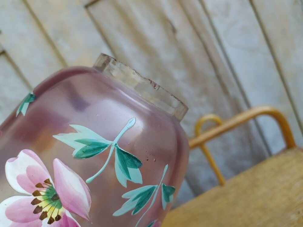 Grande Tulipe Verre Lampe &agrave; P&eacute;trole Rose Fleurs &Eacute;maill&eacute;es Décoration