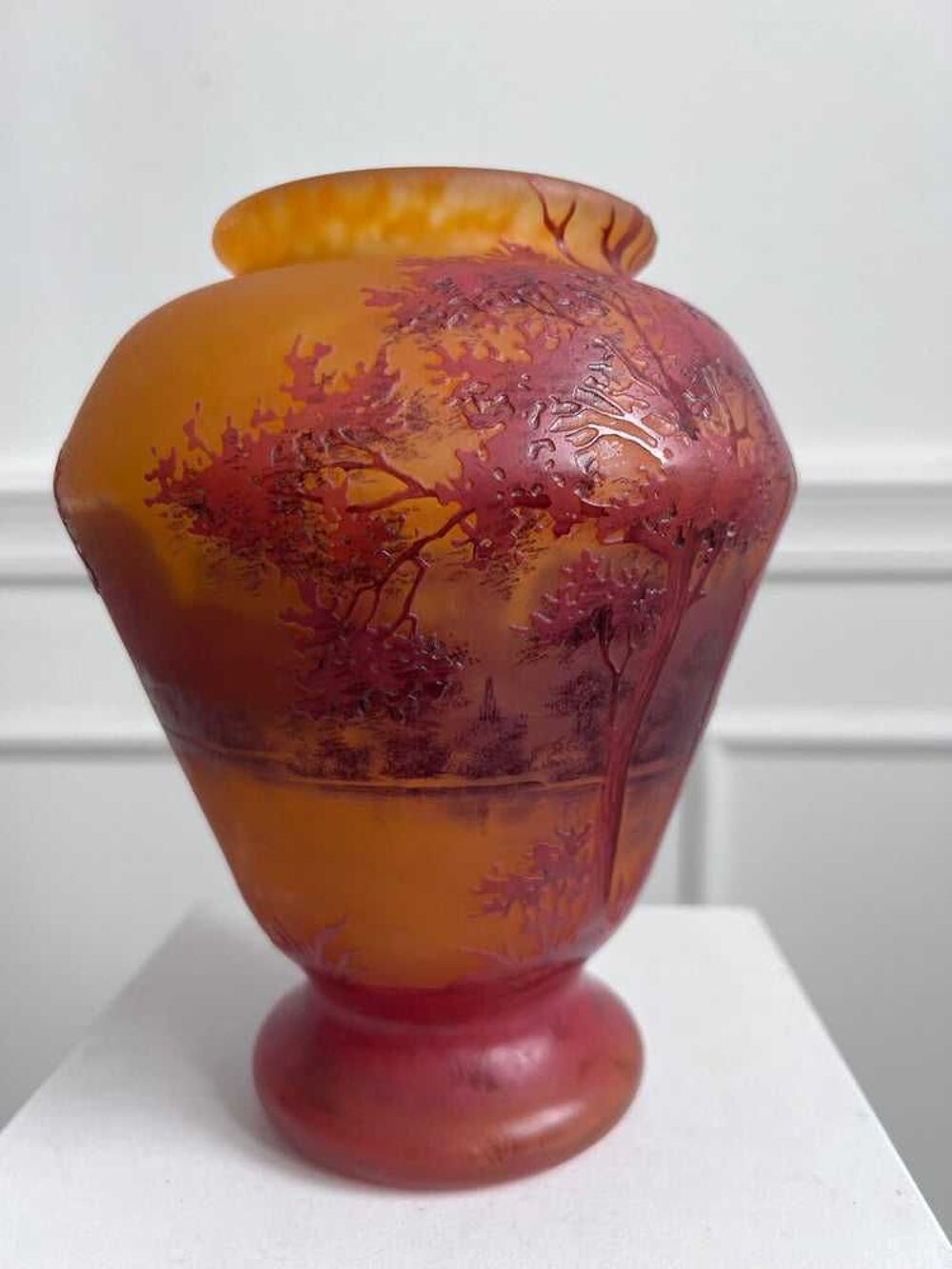 VASE DAUM NAN&agrave; &amp;#135;Y MULTICOUCHE DEGAGE &agrave; € L'ACIDE PAYSAGE LACUSTRE D'EPOQUE ART NOUVEAU 1890-1910 EN PARFAIT ETAT 