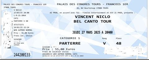places de concert de Vincent Niclo  Tours 55 Mer (41)