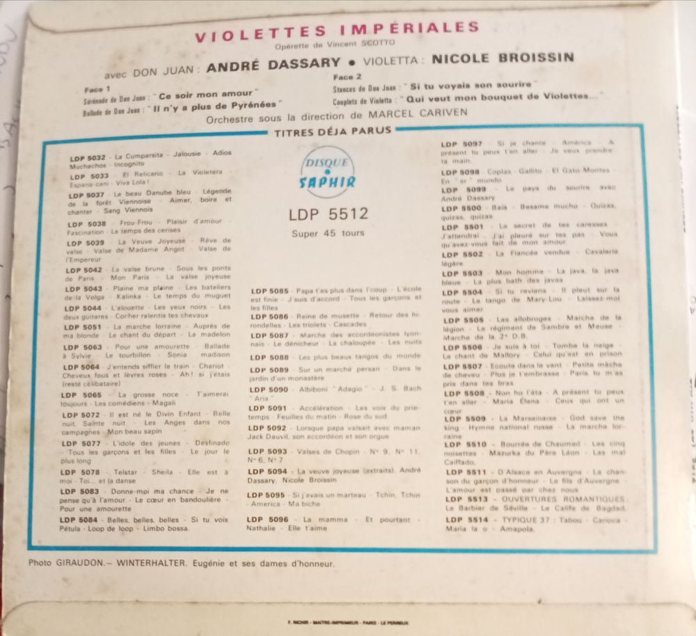 ANDRE DASSARY ET NICOLE BROISSIN / VIOLETTE IMPERIALE / OPER CD et vinyles