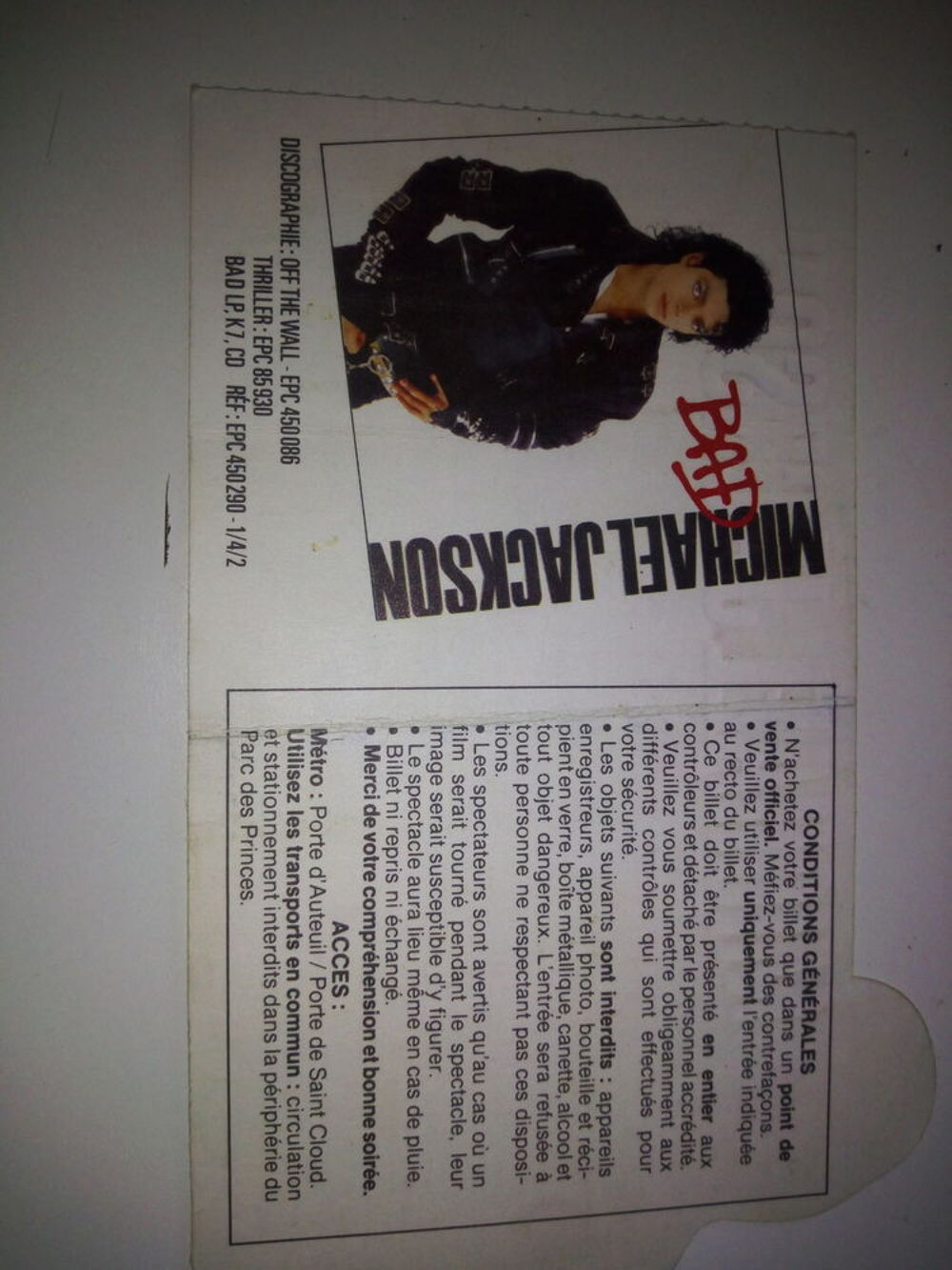 ticket concert mickael Jackson bad tour 1988 TBE 