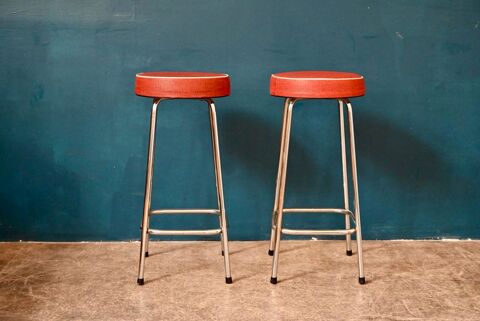 Paire de tabourets haut de bar vintage en mtal et ska 240 Wintzenheim (68)