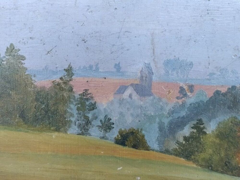 Petit Tableau Paysage de Campagne Vue sur Clocher 