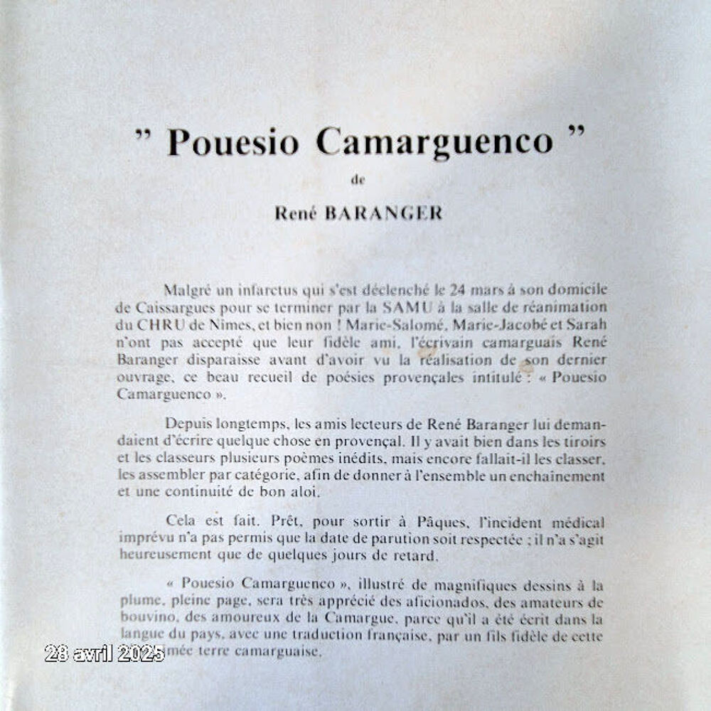 Pou&eacute;sio Camarguenco, po&eacute;sie de Camargue, de Ren&eacute; Baranger en Livres et BD