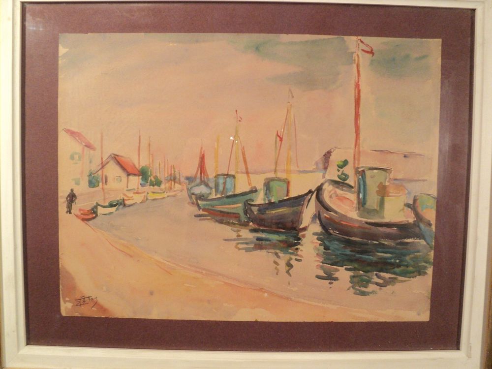 Tableau Aquarelle Marine Port Sign&eacute;e E. Bittay 