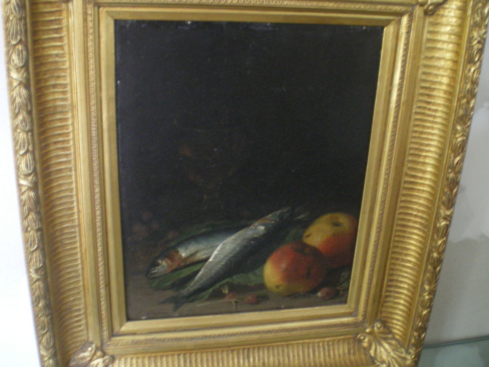 Huile sur bois d'acajou. Nature morte aux poissons et pommes 