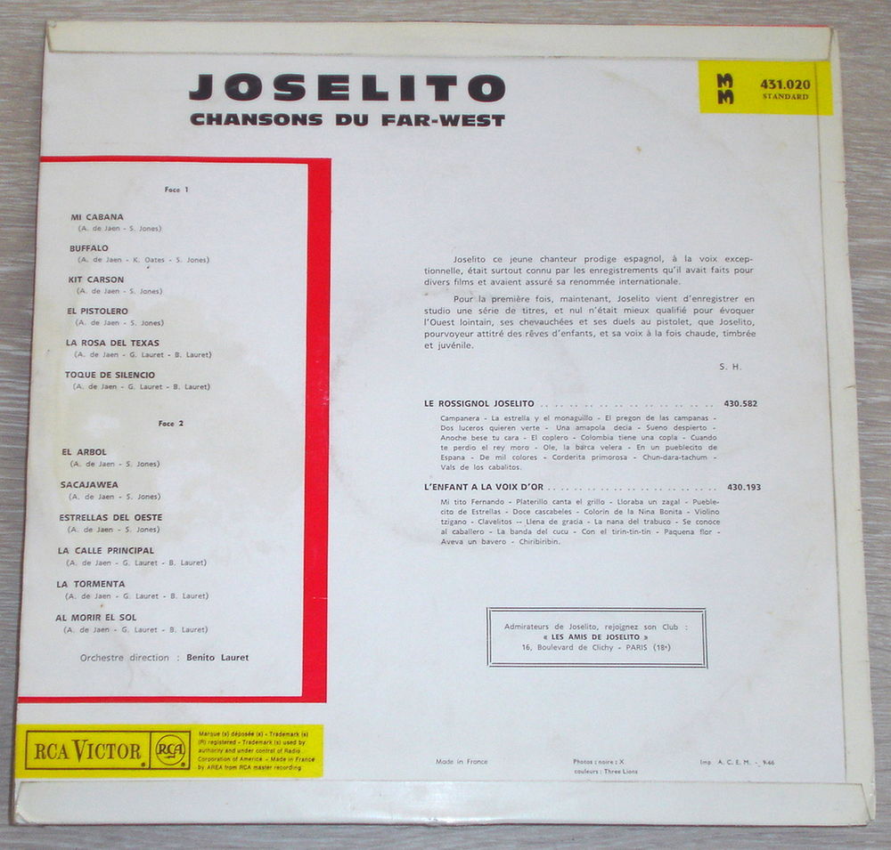 JOSELITO -33t- CHANSONS DU FAR-WEST - BUFFALO?Fr. BIEM 1966 CD et vinyles