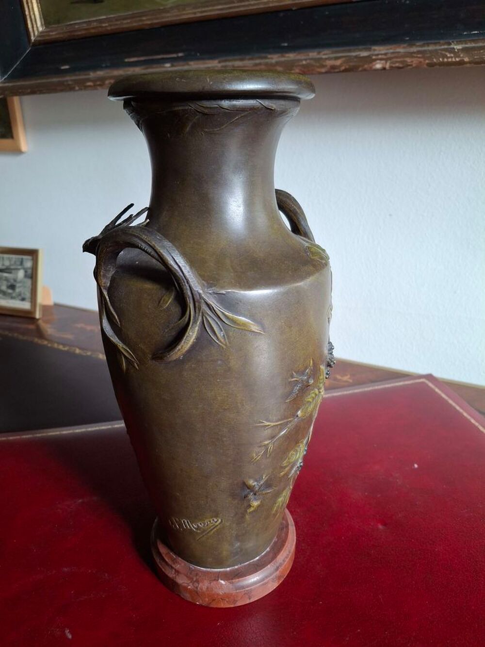 Paire vases art nouveau r&eacute;gule triple patine sign&eacute;s Moreau Décoration
